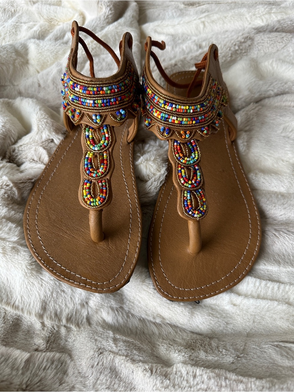 Beaded Brown T-Strap Sandals - Women